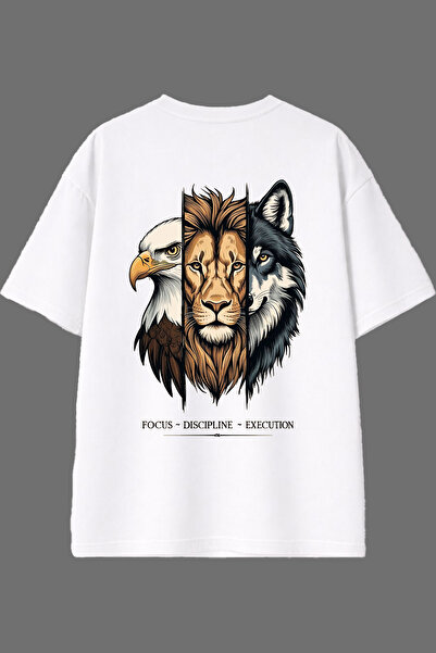 VSRN تي شيرت أبيض كبير الحجم بتصميم ديسبلين ديزاين مطبوع من الخلف