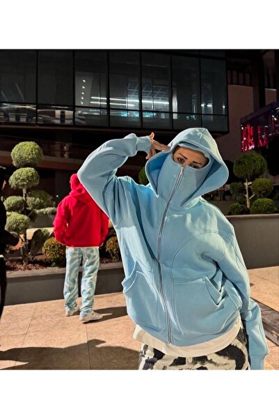 İlayda Toprak Mask Unısex Mavi 3 İplik Şardonlu Kar Maskeli Kapüşonlu Oversiz...