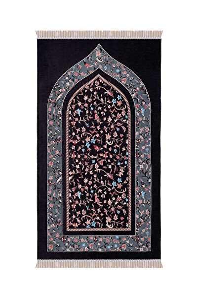 Bursa İpek سجادة صلاة منسوجة خاصة بنمط رافزا باللون الأسود