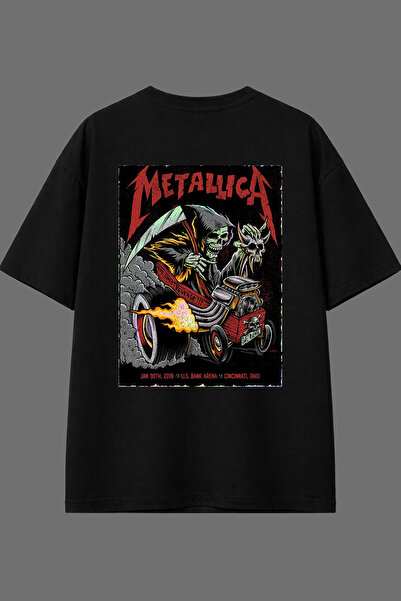 VSRN İskelet Metalika Tasarım Arka Baskılı Siyah Oversize T shirt