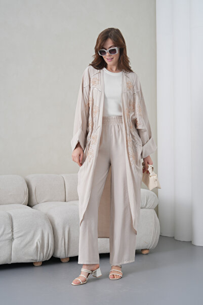 Miss Allos Women's Front Embroidered Beaded Linen Kimono Cardigan and Pants T...
