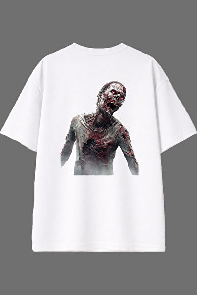 VSRN تي شيرت أبيض كبير الحجم بتصميم زومبي آدم مطبوع من الخلف