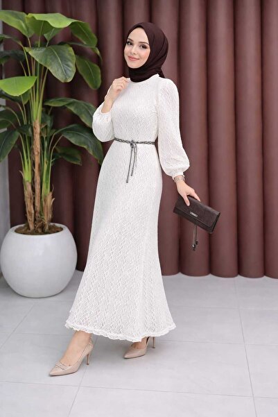Gamzem Tasarım Kadın Ekru Zarif Dantel Kemerli Uzun Elbise