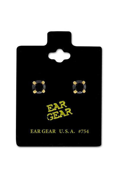 EAR GEAR حلق USA مطلي بالذهب عيار 24 قيراط مع حجر زركونيا أسود بحجم 4 ملم - 754