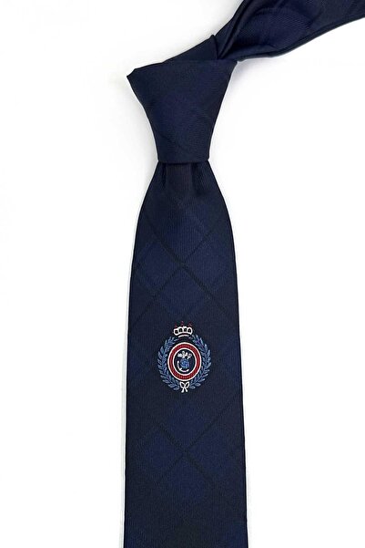 Kravatkolik 7 cm Navy Blue Plaid Arma Patterned Silk Tie İk2315