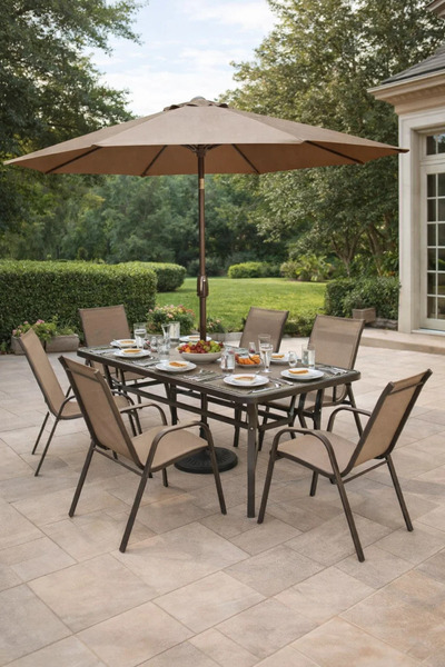 MARIA HOMES طقم طعام خارجي مع مظلة - طاولة بيج و6 كراسي للفناء أو الحديقة