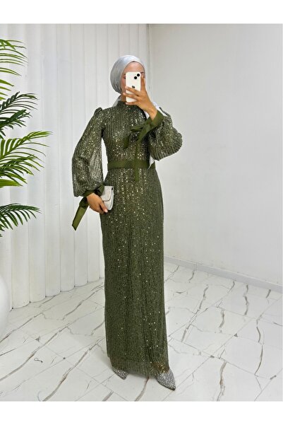 heree Sparkling Stylish Hijab Evening Dress with Cutout Beaded Stripe, Sequin...