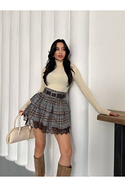 Mouillé Kemerli Dantel Detaylı Mini Etek Ekose Desenli Kadın Etek