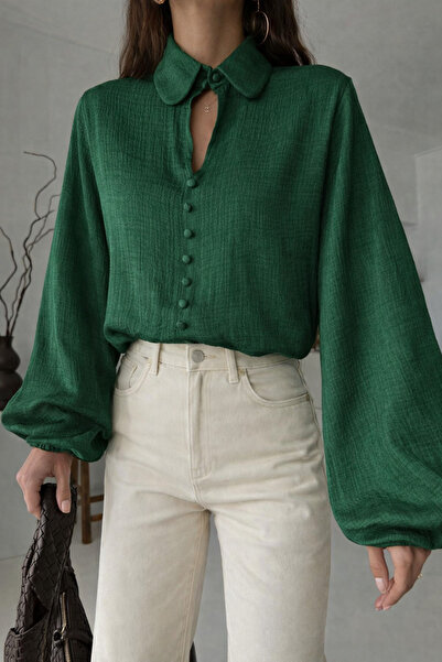 Ruby Wear Kadın Balon Kol Dokulu Düğmeli Gömlek