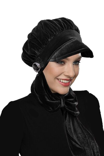 elysianfidan Velvet Hat with Scarf and Buckle Detail, Black Ready-To-Wear Tur...