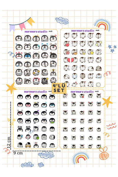 Nurmurs 4'lü Penguenli tatlı şapşal komik Etiket Sticker Seti