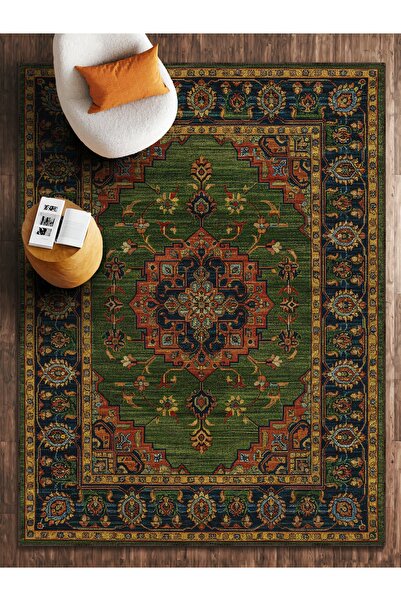 HALIZZON Zümrüt Yeşili Saray Tipi Klasik Desenli Dijital Baskı Halı Salon Halısı