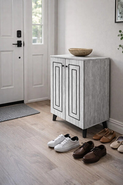 MARIA HOMES Elegant Grey Wood Shoe Cabinet Two Door Storage Rack Stand for Ha...