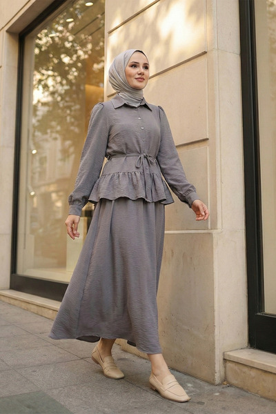 MODAQU Drawstring Blouse Skirt Set - Gray