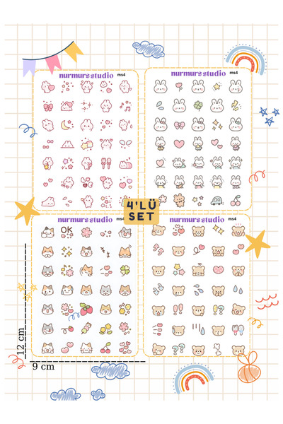 Nurmurs 4'lü Ayıcıklı Tavşanlı şapşal Tatlı Etiket Sticker Seti