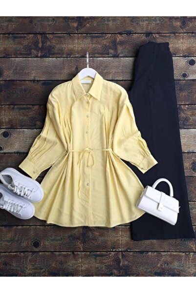ŞAHİN TESETTÜR GİYİM ÖN VE KOL NEVRULU BELİ İPLİ GÖMLEK TUNİK 5655