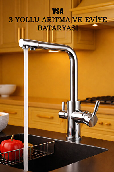 VSA 5 Yıl Garanti Krom Renk 3 Yollu Arıtma Çıkışlı Pirinç Mutfak Eviye Batary...