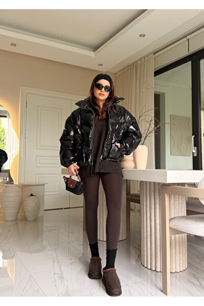 Deppot Siyah Parlak Şişme Mont