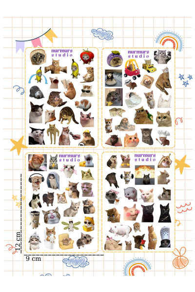 Nurmurs 4'lü Kedili Sticker Etiket Komik tatlı şapşal kediler Sticker Seti