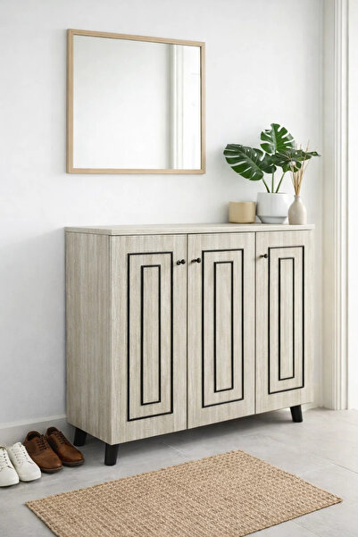 MARIA HOMES Modern Beige 3-Door Shoe Organizer Cabinet with Black Geometric A...