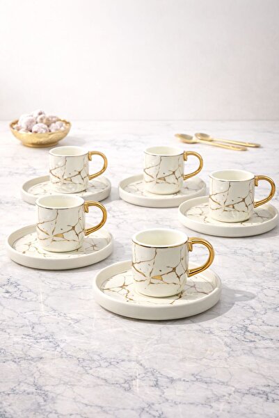 YzHome 6-Person Gilded Porcelain Coffee Cup Set with Presentation Plate 100ml
