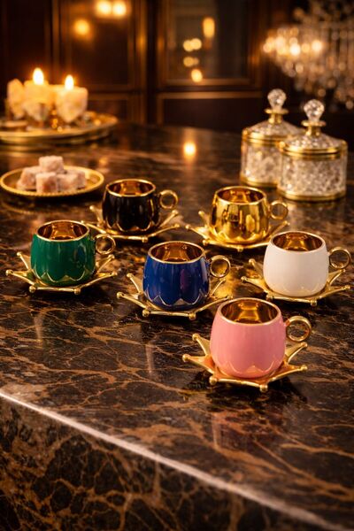 YzHome 6-Person Gilded Gold Detailed Porcelain Star Plate Coffee Cup Set 100ml