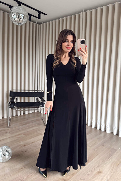 Sue Store Black V-Neck Double Slit Sandy Maxi Dress