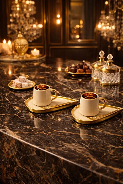 YzHome 2-Person Gilded Gold Detailed Porcelain Coffee Cup Set with Presentati...