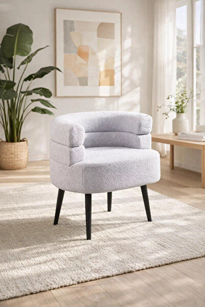 MARIA HOMES كرسي بذراعين فاخر من قماش البوكليه الرمادي الفاتح بتصميم ظهر منحن...