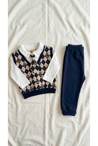 Sabi Baby Boy Navy Blue Diamond Patterned Tie Sweater Look Cotton Suit