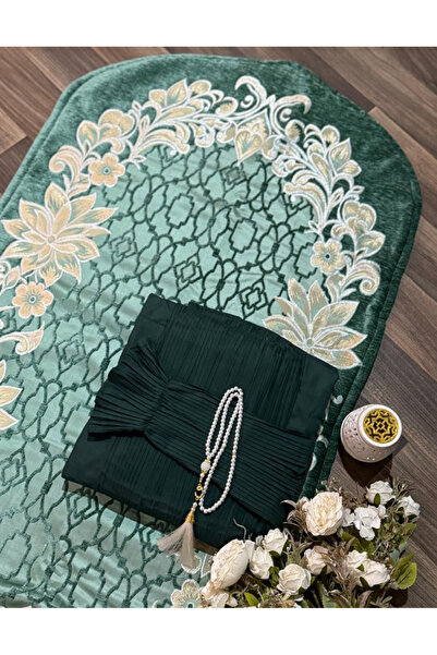 Gerenic طقم صلاة مخملي أخضر زمردي يتضمن سجادة صلاة وشرشف صلاة