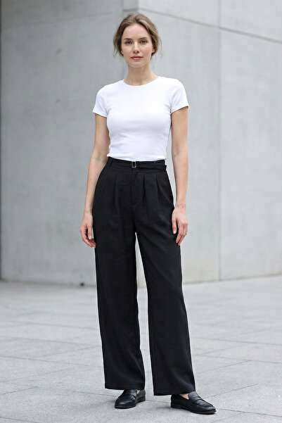 Kirazgym بنطلون نسائي من قماش تينسل كوبرا مع حزام خصر مطاطي - أسود