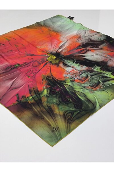 PİRAMİT Sarar Interview Tivil Silk Scarf Embroidered Pattern Green Orange Fuc...