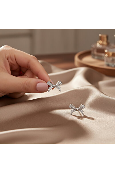 toptanhanem Silver Color Earrings with Steel Zircon Stone and Bow Figure – Sp...