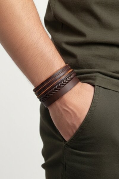 AB Takı Flat Design 3 Pieces Real Leather Bracelet Fashion Bracelet Gift Brac...