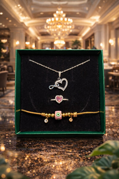 Sparkonix Hediye Seti Çelik Kalpli Sonsuzluk Kolyesi,Çelik Pembe Taşlı Kalp Y...