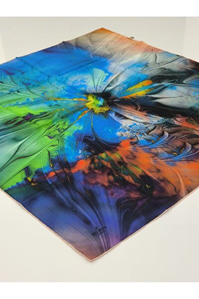 PİRAMİT Sarar Interview Tivil Silk Scarf Embroidered Pattern Tiles Blue Green...