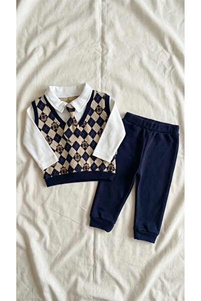 Sabi Erkek Bebek Lacivert Baklava Desenli Kravatlı Süveter Görünümlü Pamuklu ...