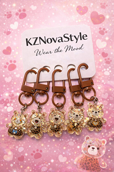 KZNovaStyle Leopar Desenli Simli Ayıcık Anahtarlık – 5’li Set | Çanta & Anaht...