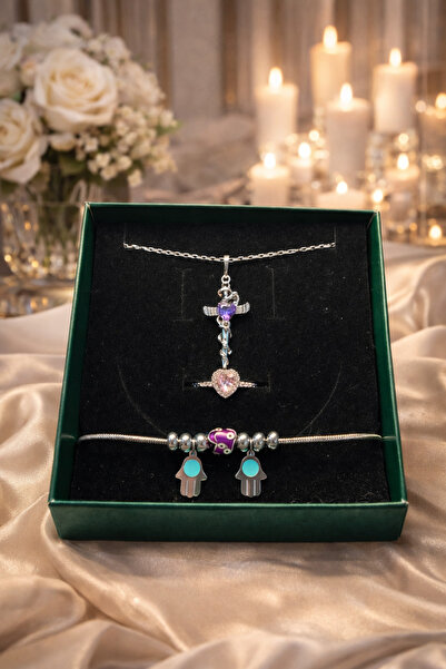 Sparkonix Hediye Seti Çelik Mor Beyaz Taşlı Kolye,Çelik Pembe Taşlı Kalp Yüzü...