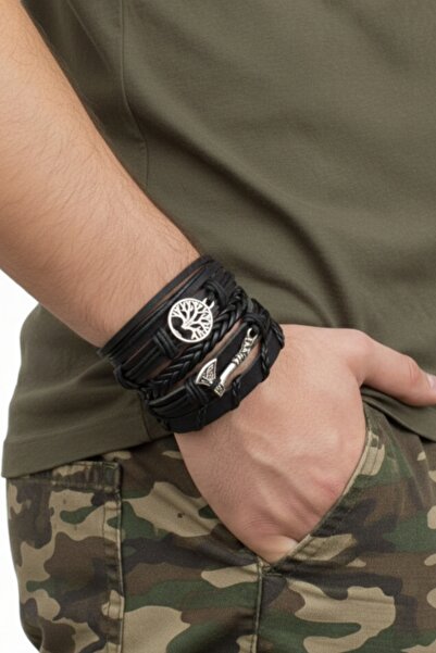 AB Takı Tree of Life Axe Design 5 Pieces Real Leather Bracelet Gift Bracelet ...