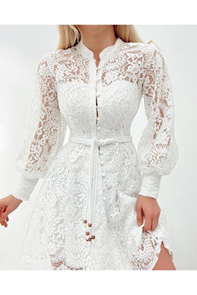 Esinty Trendy Button-Down Lined Balloon Sleeve Zippered Tulle Dress