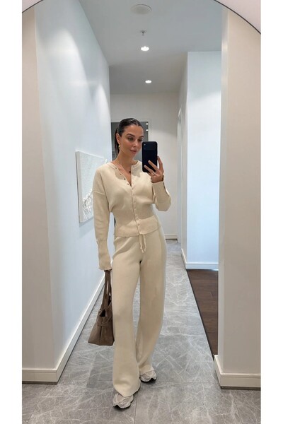 HARMONY GLOBAL Women's Beige Waist Detailed Knitwear Double Set – Long Sleeve...