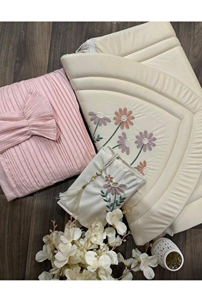 Gerenic سجادة صلاة ومسند ظهر بلون كريمي ووردي فاتح مزين بتطريز زهور.