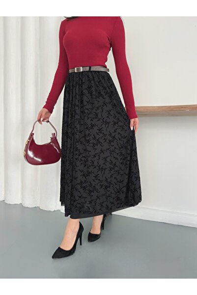 IŞILDA FASHION Fusta lungă cu imprimeu flocat și curea