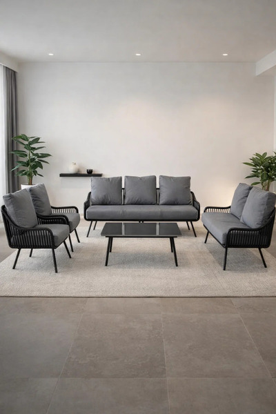 MARIA HOMES طقم كنب أسود ورمادي مكون من 7 قطع مع طاولة قهوة زجاجية، تصميم عصر...