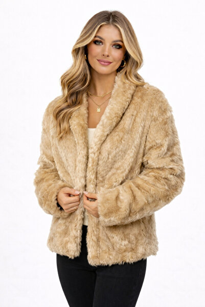 KAREL BUTİK Ανοιχτό καφέ βελούδινο γυναικείο γούνινο παλτό