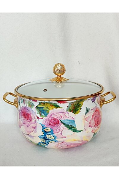 EBRULİEMAYE Gül Lux Enamel Pot 5 Liters 24 cm Diameter Glass Lid Milk Yogurt ...