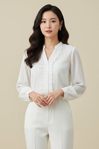 Lunfia Fırfırlı V Yaka Buket Gömlek - Beyaz