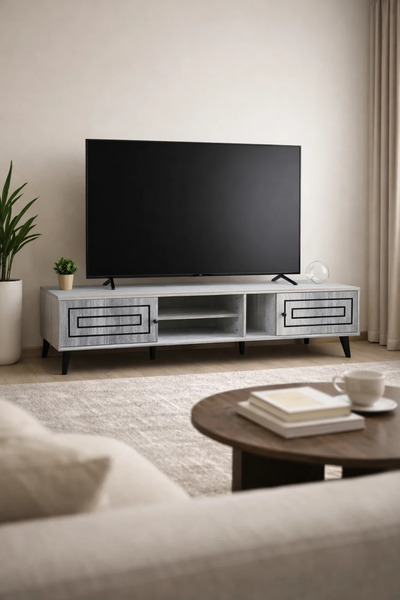 MARIA HOMES Elegant Grey TV Unit 200cm Wide Media Stand with Storage Cabinets...